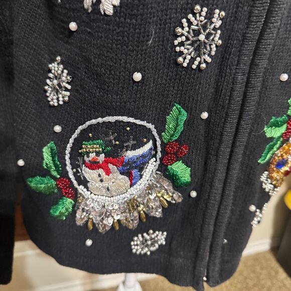 VTG BP Design Black Christmas sweater cardigan Snowflakes embroidered full zip M - Picture 3 of 8